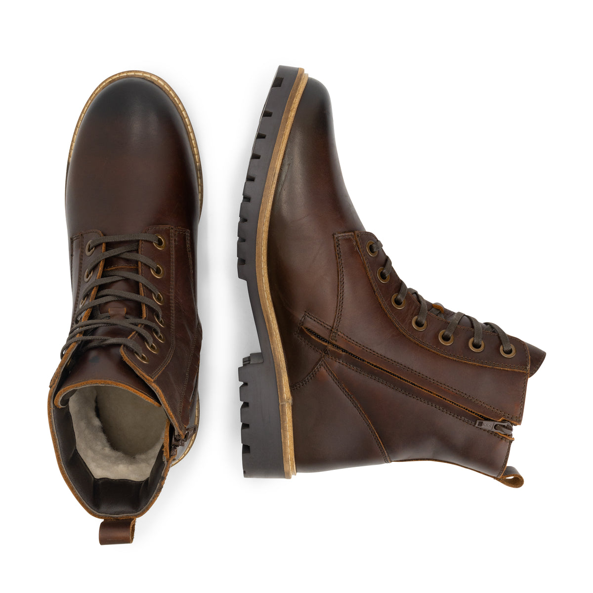 Rosendal Men - Lace-Up Boots with Zipper - Wool-Lined - Dark Brown UPD